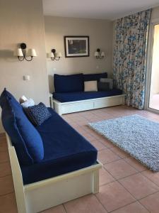 錫富爾勒普拉日的住宿－Vue sur la mer, plage à 50m，客厅配有蓝色的沙发和地毯。