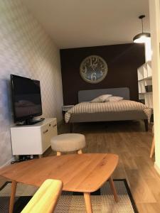 Schlafzimmer mit einem Bett, einem Tisch und einem TV in der Unterkunft Large Studio Near Epfl And Lausanne City Center in Ecublens