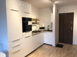a kitchen with white cabinets and a black appliance at Nest Studio Ciechocinek in Ciechocinek