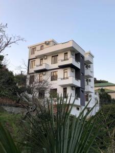 a tall white building with a palm tree in front of it at Holiday House Green Cape Batumi in Mtsvane Konts'khi