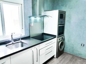 a kitchen with a sink and a washing machine at Paseo de La Victoria in Córdoba