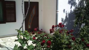 um ramo de flores vermelhas na frente de uma porta em Apartments Villa Velin em Primošten