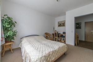 ハノーファーにあるPrivate Apartmentのベッドルーム1室(ベッド1台、鉢植えのテーブル付)