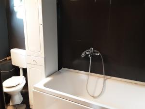 La salle de bains est pourvue d'une baignoire et de toilettes. dans l'établissement Pensiunea Giovani, à Târgu Jiu