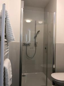 a shower with a glass door in a bathroom at ennsliving in Enns
