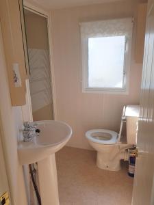 een badkamer met een wastafel, een toilet en een raam bij 6 Berth with private Garden - 69 Brightholme Holiday Park Brean! in Brean