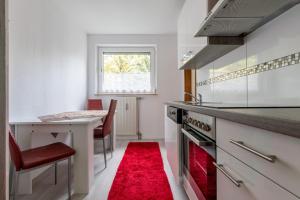 - une cuisine avec un tapis rouge au sol dans l'établissement Privatapartment Messe Süd, à Hanovre