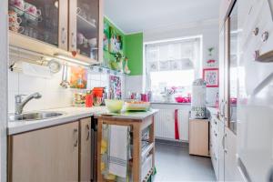 a kitchen with green and white walls and a sink at Private Room Laatzen in Hannover