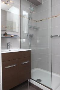 ein Bad mit einer Dusche und einem Waschbecken in der Unterkunft LES TERRASSES DE BORDA*** in Dax