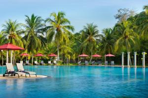 una piscina con palme, sedie e ombrelloni di Thistle Port Dickson Resort a Port Dickson