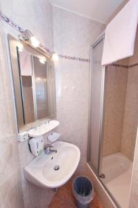 een badkamer met een wastafel, een spiegel en een douche bij Gasthof Koglerhof in Ternberg