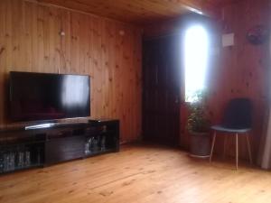 sala de estar con TV de pantalla plana y silla en Wool & Wood House en Puerto Varas