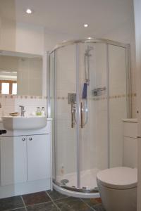 a bathroom with a shower and a toilet and a sink at Camlann in Alyth