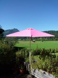 einen rosa Regenschirm in einem Garten mit einem Feld in der Unterkunft Haus Sylvest in Oberstdorf