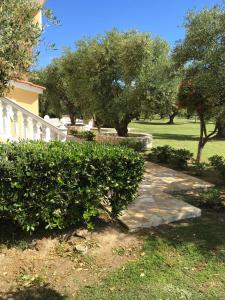 a garden with bushes and a white fence and trees at Dimaras Apartments in Vasilikos