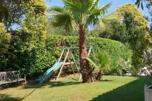 a blue swing sitting next to a palm tree at logement ensoleillé in Cardet