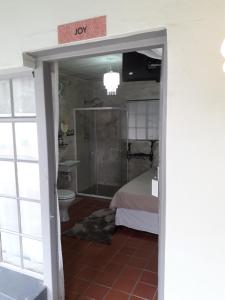 a bathroom with a bed and a toilet in a room at Relax in Joy & Mignon for a bushveld Feeling in Bloemfontein