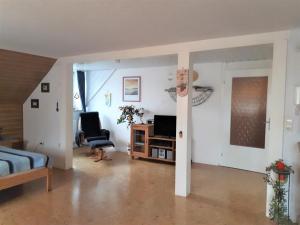 Schlafzimmer mit einem Bett, einem Schreibtisch und einem TV in der Unterkunft Ferienwohnung Agnes in Nonnweiler