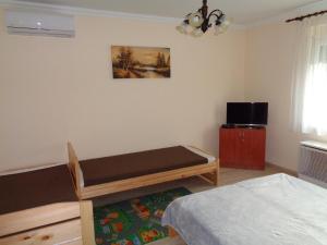 a small bedroom with a bed and a tv at Otthon Apartman in Hajdúszoboszló