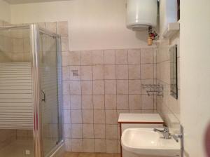 a bathroom with a shower and a toilet and a sink at Villa Café - Appartement F2 à Sainte-Anne in Sainte-Anne