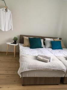 una camera con 2 letti con cuscini blu e bianchi di Apartament 212 a Klikuszowa