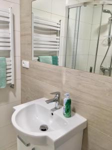 a bathroom with a white sink and a mirror at Apartament 212 in Klikuszowa +21 photos