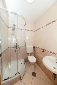 a bathroom with a shower and a toilet and a sink at Guest House Berto in Crikvenica