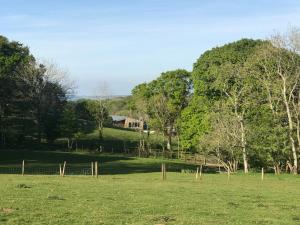 um campo com uma cerca e uma casa ao fundo em Godshill Park Barn em Ventnor