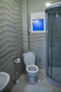 a bathroom with a toilet and a tv on the wall at Apartman Mona in Podgorica