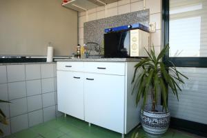 een keuken met een magnetron en een potplant bij River & Ocean Studio in Porto