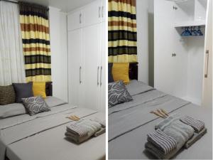 two pictures of a bedroom with two beds at at the ALs Place in San Nicolas