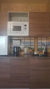 a kitchen with a microwave and a counter top at Гостевой дом с баней in Ostrov