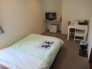 北见Hotel Crown Hills Kitami Annex的客房设有一张床、一张书桌和电视