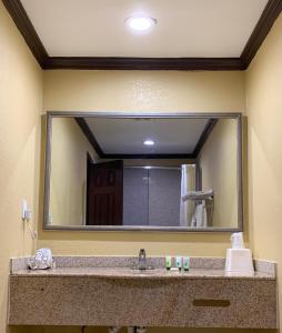 baño con espejo grande sobre lavamanos en Journey Inn Marion, en Marion
