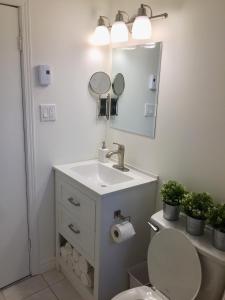 W łazience znajduje się umywalka, toaleta i lustro. w obiekcie Le Rustique Orford Domaine Cheribourg w mieście Magog-Orford