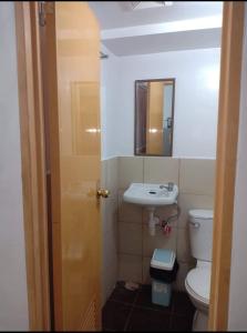 a bathroom with a toilet and a sink and a mirror at BUDGET FRIENDLY CONDO-STUDIO UNIT in Cebu City