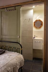 a bedroom with a bed and a mirror and a sink at Chez les Amis in Saint-Nazaire-de-Ladarez