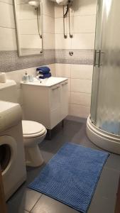 uma casa de banho com um WC, um chuveiro e um tapete azul em Fortuna Rajna Apartman em Split