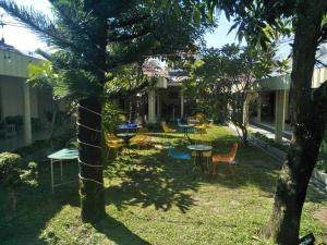 a yard with chairs and tables and a palm tree at Hotel Grand Rosela in Yogyakarta