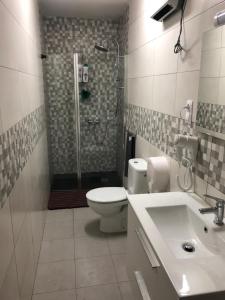 a bathroom with a shower and a toilet and a sink at Hostal Restaurante Avenida de Madrid in Terrassa