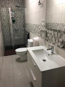 a bathroom with a sink and a toilet and a shower at Hostal Restaurante Avenida de Madrid in Terrassa