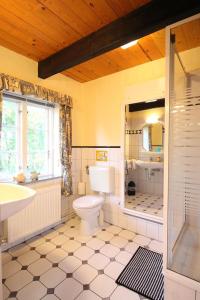 uma casa de banho com um WC e um lavatório em Gästehaus Andresen-Warft em Tating