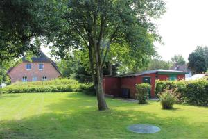 a tree in the middle of a yard with a house at Haus Kastanie in Sankt Peter-Ording