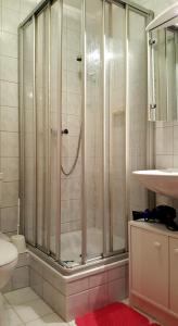 a shower with a glass door in a bathroom at Ferienwohnungen Hoffmann in Garding