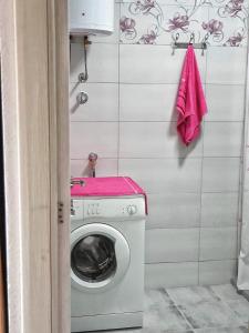 - un lave-linge avec une serviette rose sur un mur dans l'établissement Apartment LejlaM, à Sarajevo