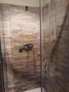 a shower in a bathroom with a glass door at Apartament Pod Śnieżką in Kowary