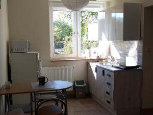 a kitchen with a table and a sink and a window at Apartament Pod Śnieżką in Kowary