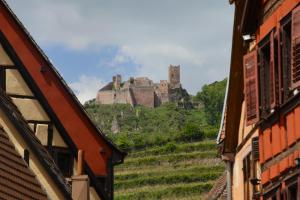 a view of a castle from between two buildings at RIBEAUVILLE city center - Gîte des Ménétriers, LE RIESLING - in Ribeauvillé