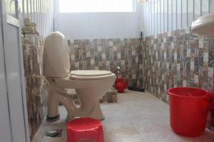 a bathroom with a toilet and a red bucket at Sharda Highland Hotel in Shardi