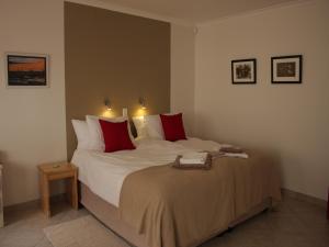 a bedroom with a large bed with red pillows at Meike's Guesthouse in Swakopmund